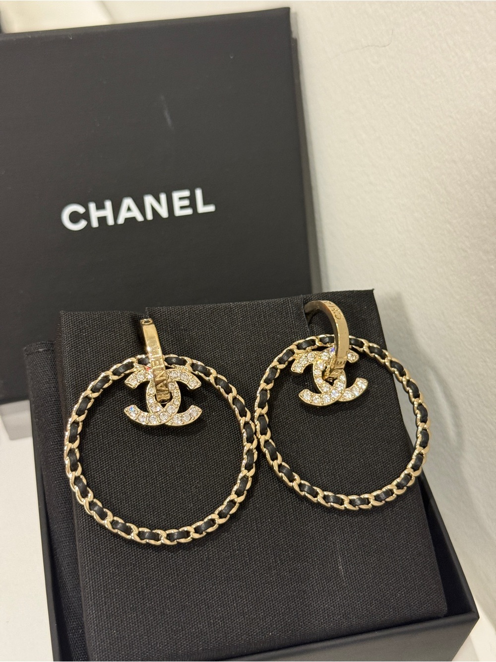 CHANEL Gold and Black CC Crystal Hoop Earrings